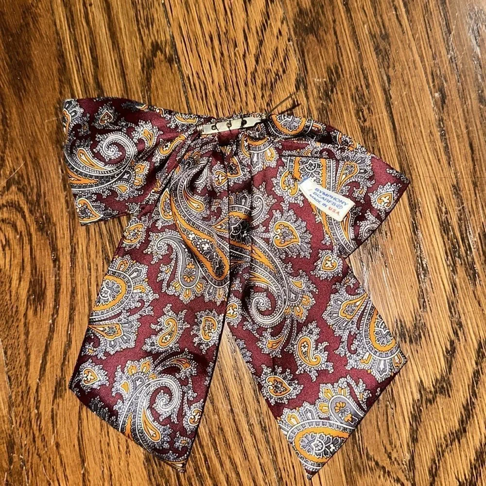 Vintage 80s Symphony Paisley Print Silk Pin On Bow Tie‎ Scarf in Burgundy & Gold